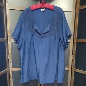 Avenue Blue V-Neck Blouse with Lace Accent